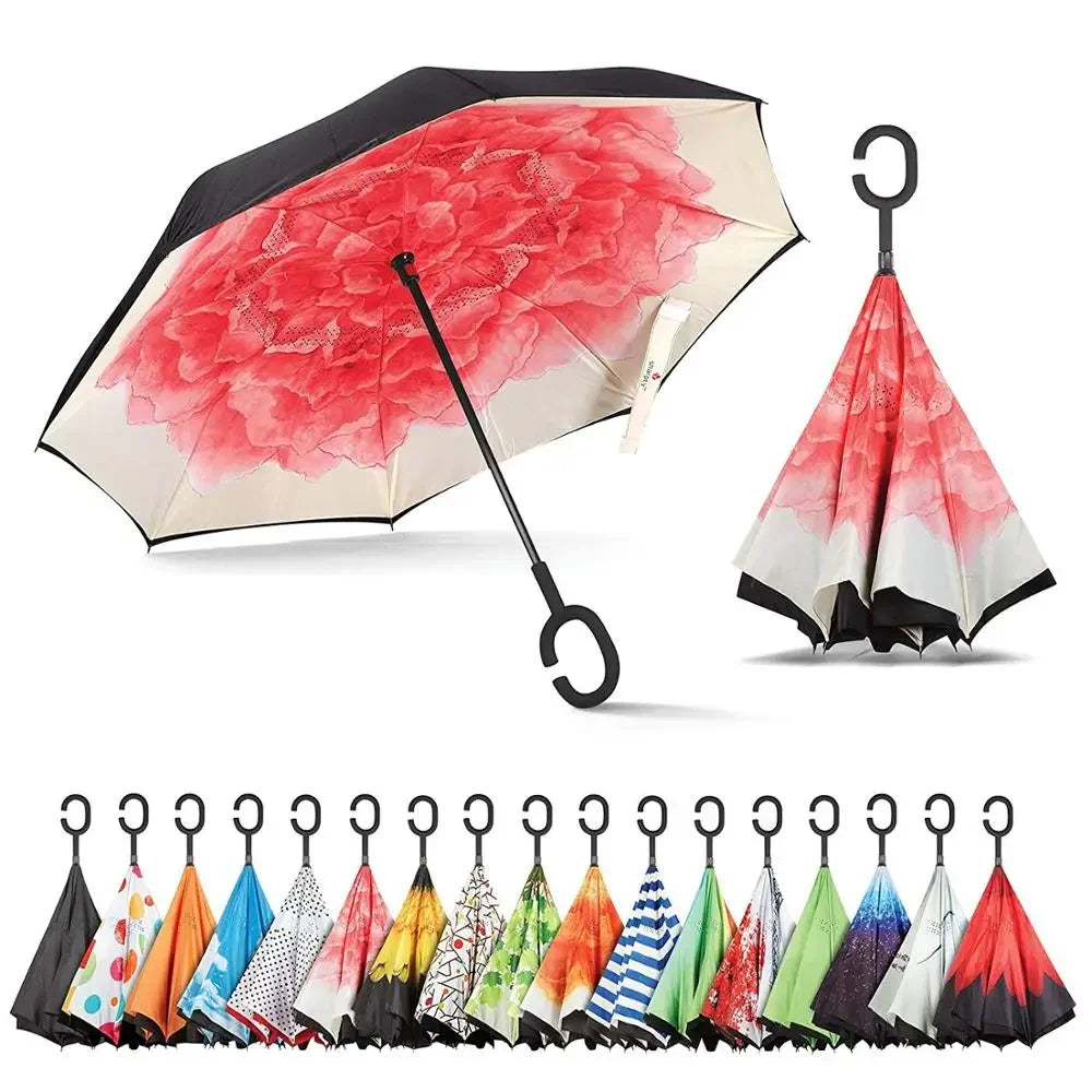 Umbrelă Inversată cu Mâner C, Dublu Strat, Anti-Vânt