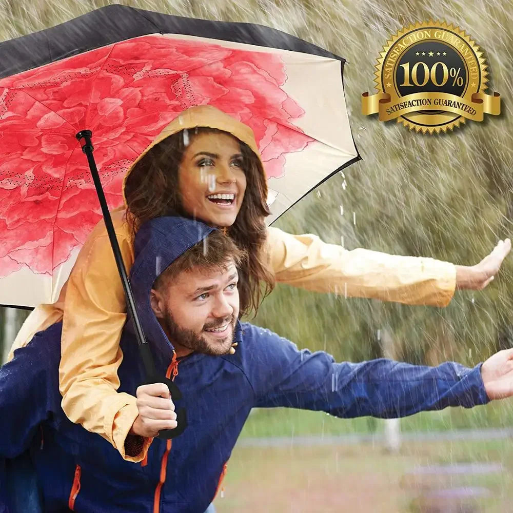 Umbrelă Inversată cu Mâner C, Dublu Strat, Anti-Vânt