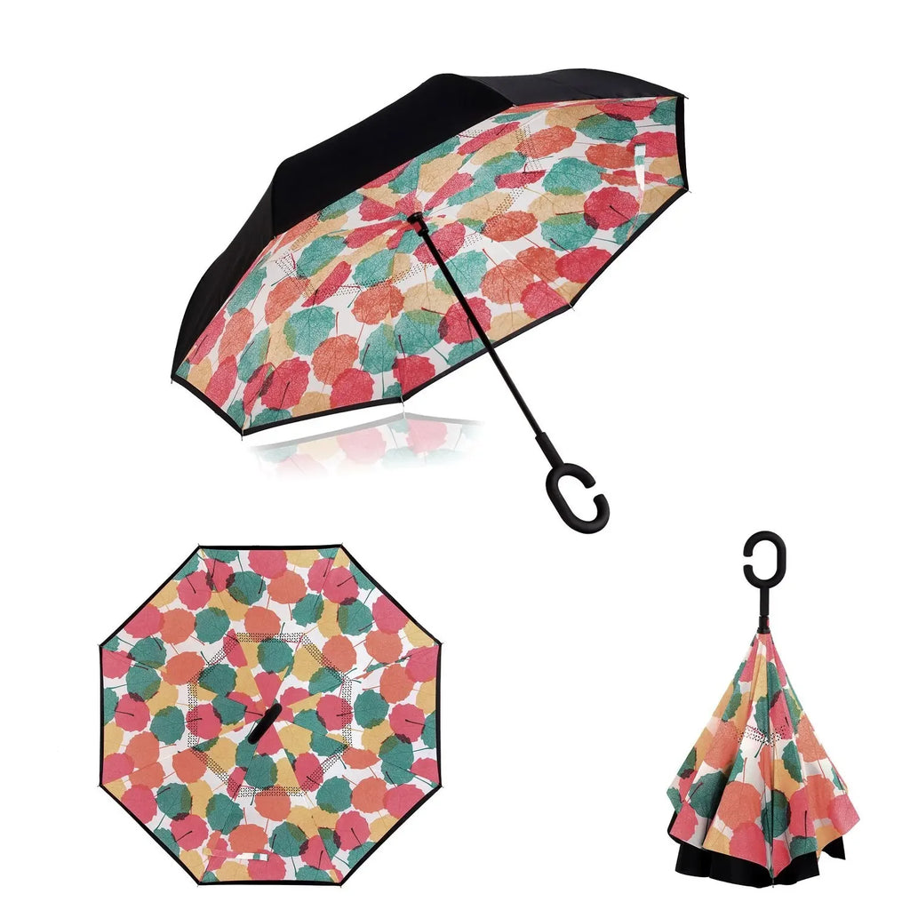 Umbrelă Inversată cu Mâner C, Dublu Strat, Anti-Vânt